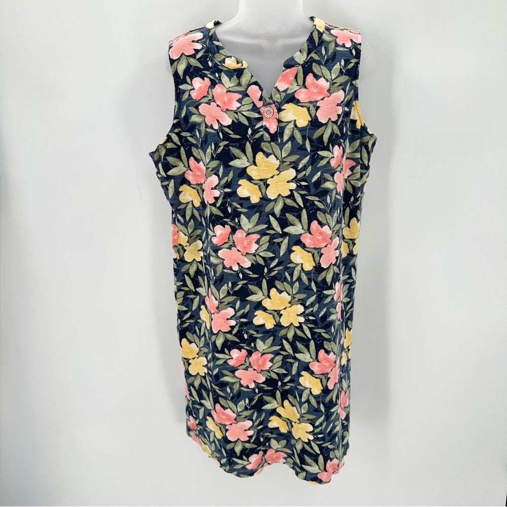 Chicos Shift Dress Chico SZ 2 L 12 Blue Floral Sleeveless Cotton Modal HEM FLAWS